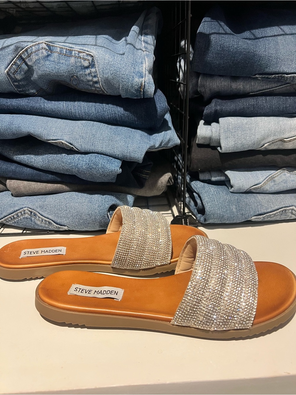 Steve Madden Silver Crystal Slide Sandals